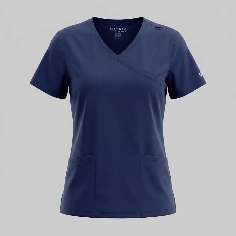 Maevn Women Large Navy Blue Scrub Top Matrix Mock Wrap‎ 3701 Stretch Pockets